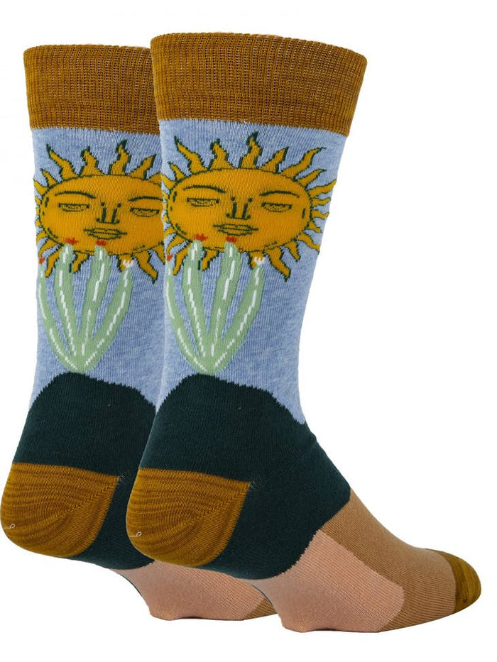 Last Token men's socks featuring sun and cactus design in olive and blue tones with mustard cuffs.