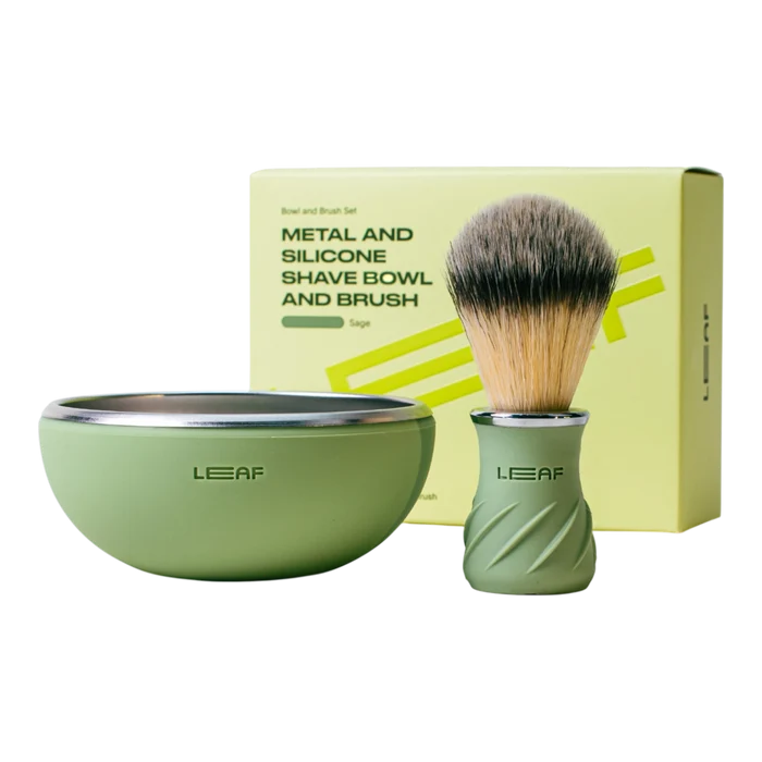 Leaf Shave barbersett grønn boks med skål og børste i metall og silikon