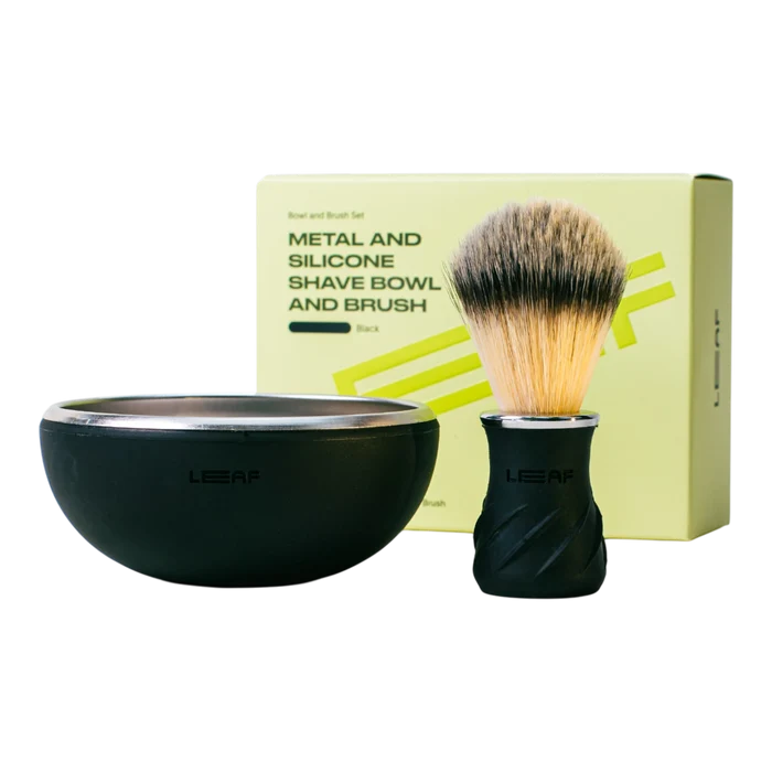 Leaf Shave barbersett svart boks med skål og børste i metall og silikon