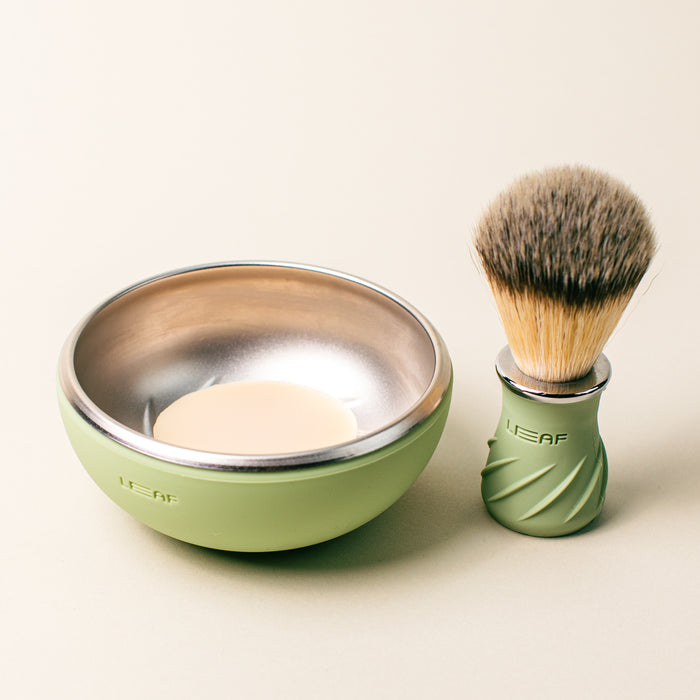 Grønn Leaf Shave barberskål og kost i rustfritt stål med silikonomslag