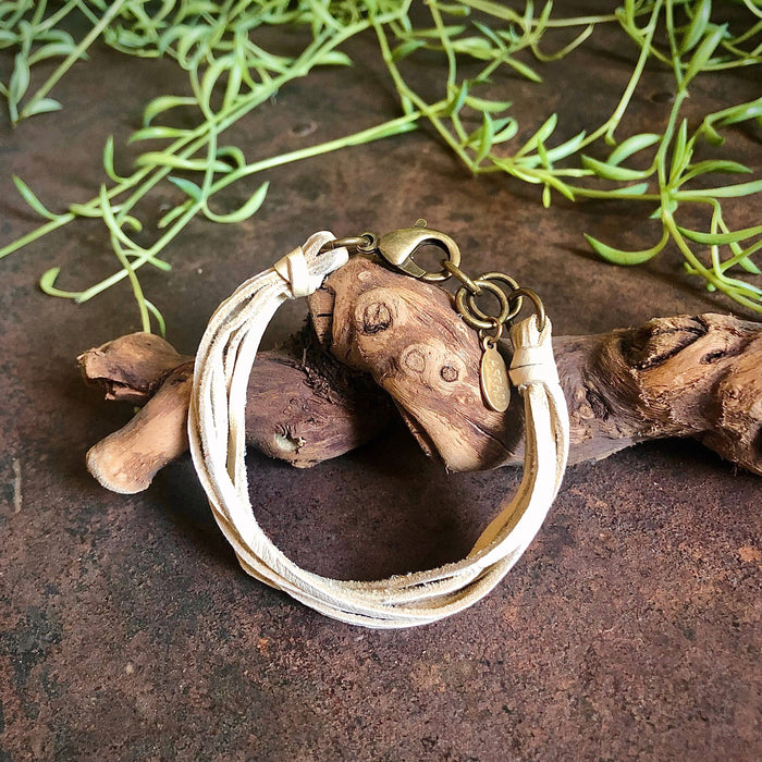 Leather 7-Strand Bracelet-Cream & Brass, Boho Western