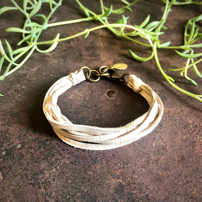 Leather 7-Strand Bracelet-Cream & Brass, Boho Western