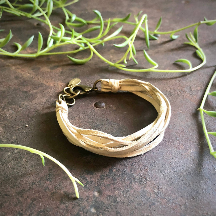 Leather 7-Strand Bracelet-Cream & Brass, Boho Western