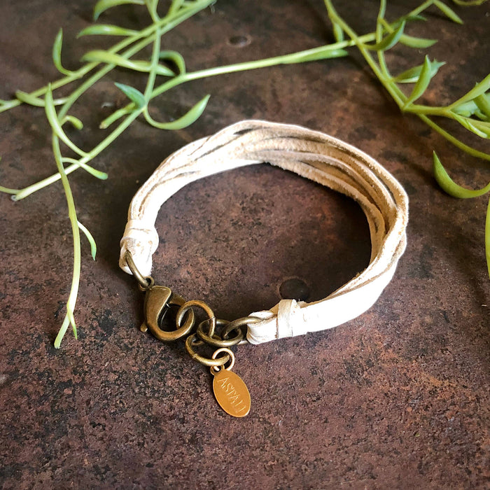 Leather 7-Strand Bracelet-Cream & Brass, Boho Western