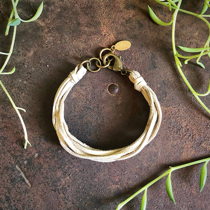 Leather 7-Strand Bracelet-Cream & Brass, Boho Western