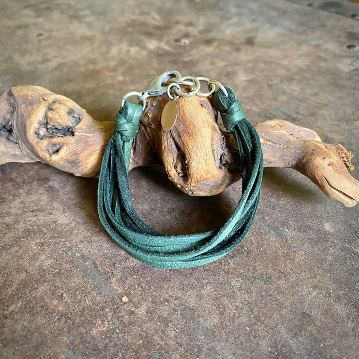 Leather 7-Strand Bracelet-Hunter Green & Silver, Western