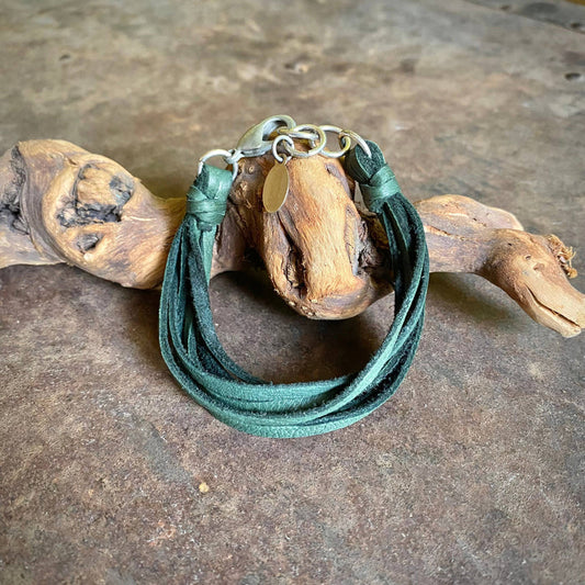 Leather 7-Strand Bracelet-Hunter Green & Silver, Western