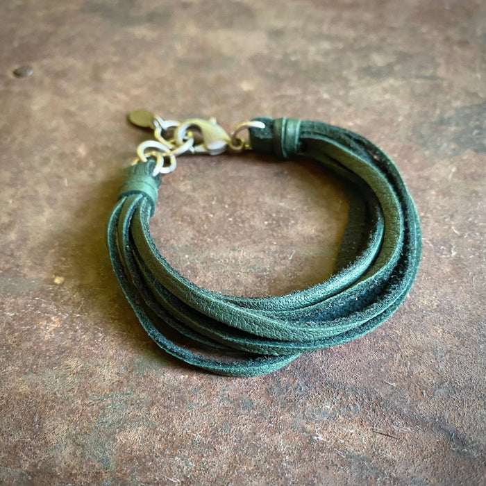 Leather 7-Strand Bracelet-Hunter Green & Silver, Western