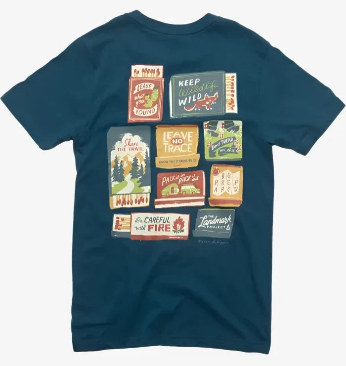 Teal blue graphic tee with a collage of matchbook designs promoting Leave No Trace.