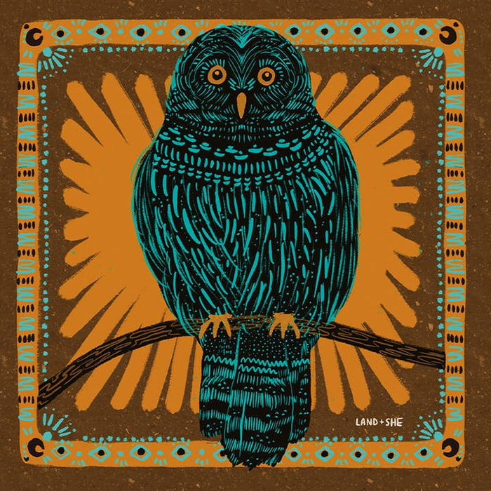 Square 8x8 print with a teal owl on a brown background and orange sunburst border.