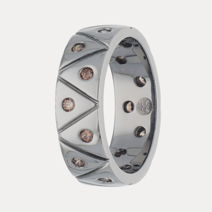 a silver ring with diamonds