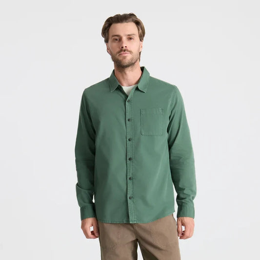 Roark Made To Fade washed salt green men's long sleeve button-up shirt with chest pocket