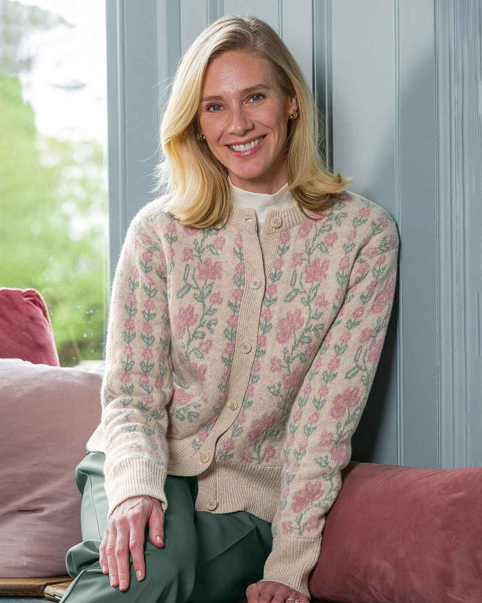Melina Long Sleeved Floral Lambswool Cardigan - Linen - Country Collection