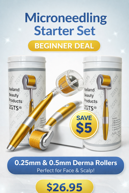 Microneedling Starter Set with 0.25mm and 0.5mm titanium derma rollers, beginner bundle for facial collagen support and gentle scalp care