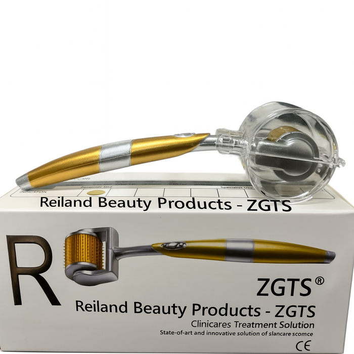 Reiland ZGTS titanium derma roller with precision microneedles shown on branded packaging for microneedling skincare