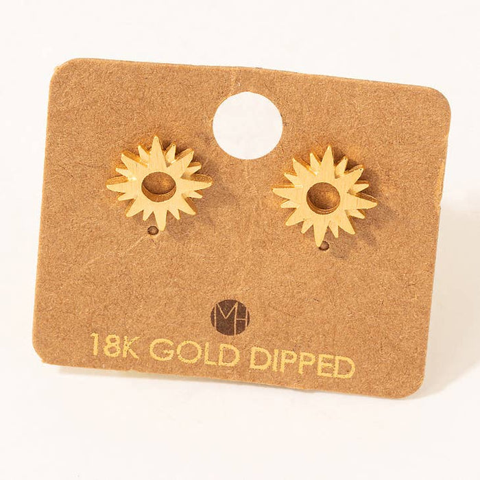 Sunburst stud earrings in 18K gold dipped on a brown display card