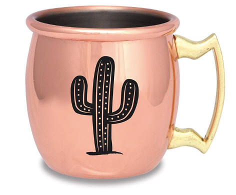 Copper Moscow Mule mug with a black cactus illustration and a gold handle.