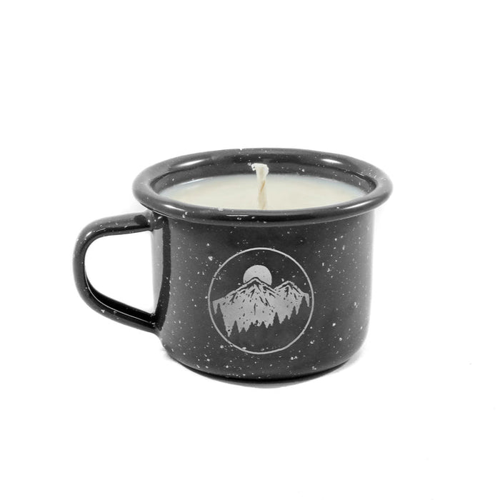 Black speckled enamel mug candle featuring a mountain and moon emblem.