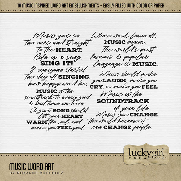 Perfect for musical performances, recitals, singing, concerts, band, choir, theatre, theater, weddings, and anything music or song related, these word art embellishments by Lucky Girl Creative will add warmth and authenticity to all your pages. This digital scrapbooking kit is included in the Music Watercolor Bundle.