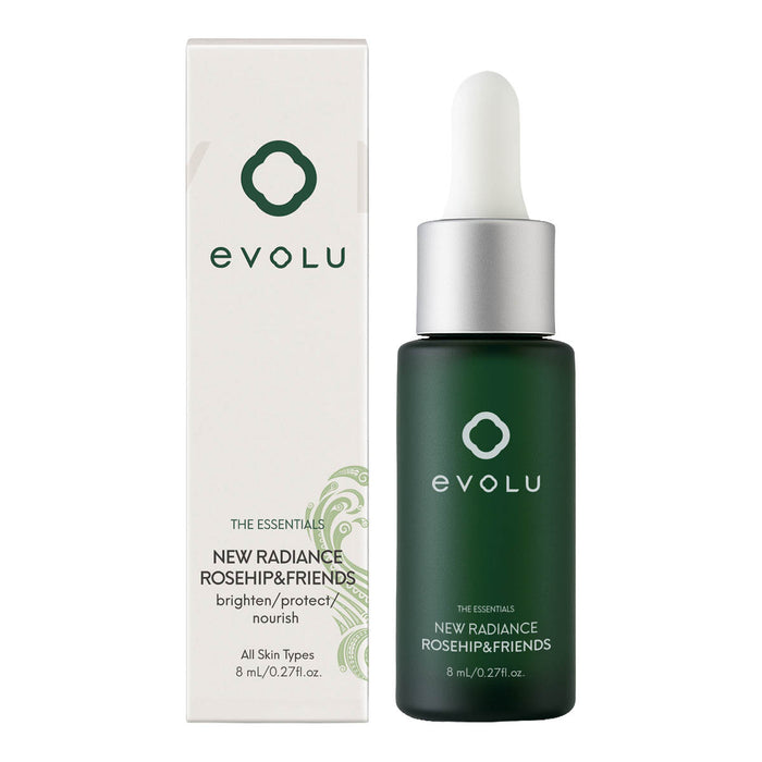 evolu new radiance mini bottle and packaging. Brighten protect & nourish. For all skin types.