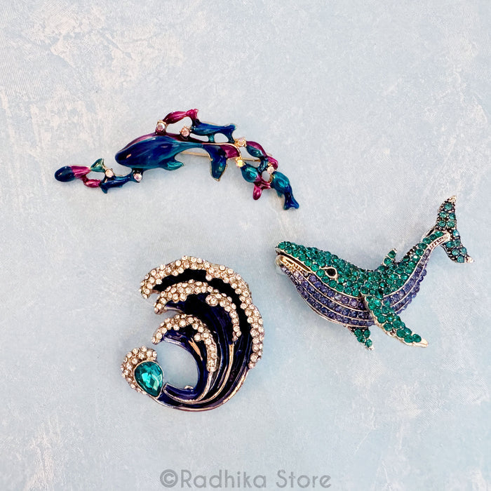 Ocean Fishes and Jeweled Wave - Pendants-(Pins)