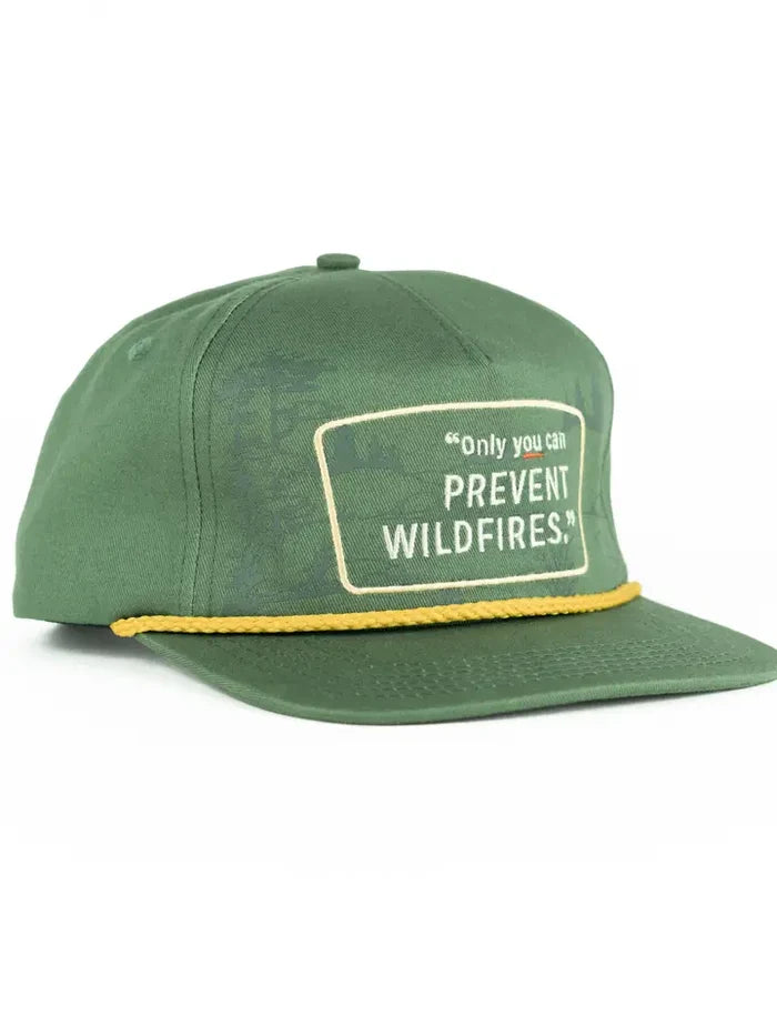 Green cap with Only You Can Prevent Wildfires slogan and yellow rope trim.