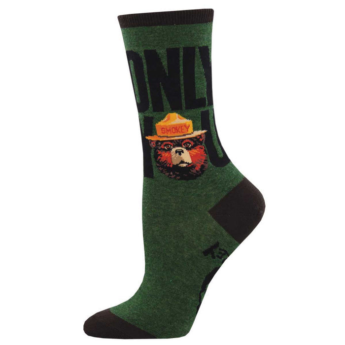 Green knee high sock with Smokey Bear illustration and bold black lettering along the leg