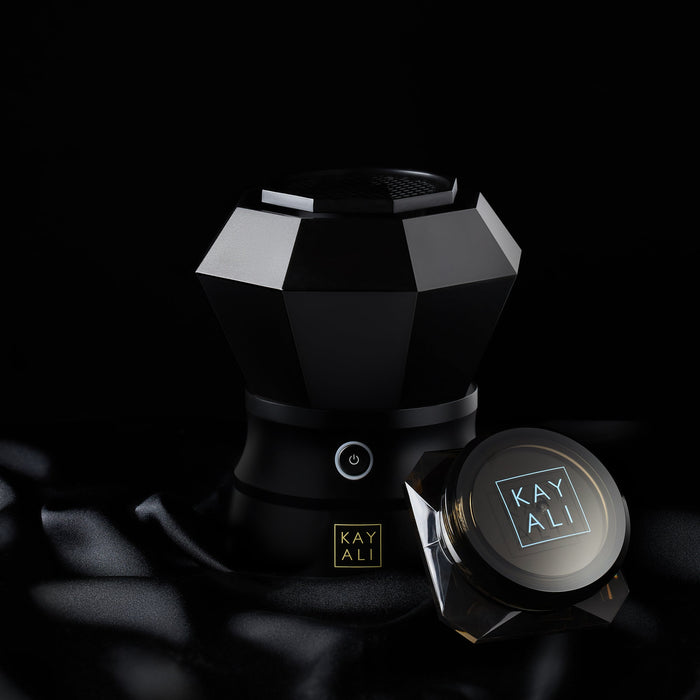Black geometric bahkoor with 'KAYALI' branding on a dark background