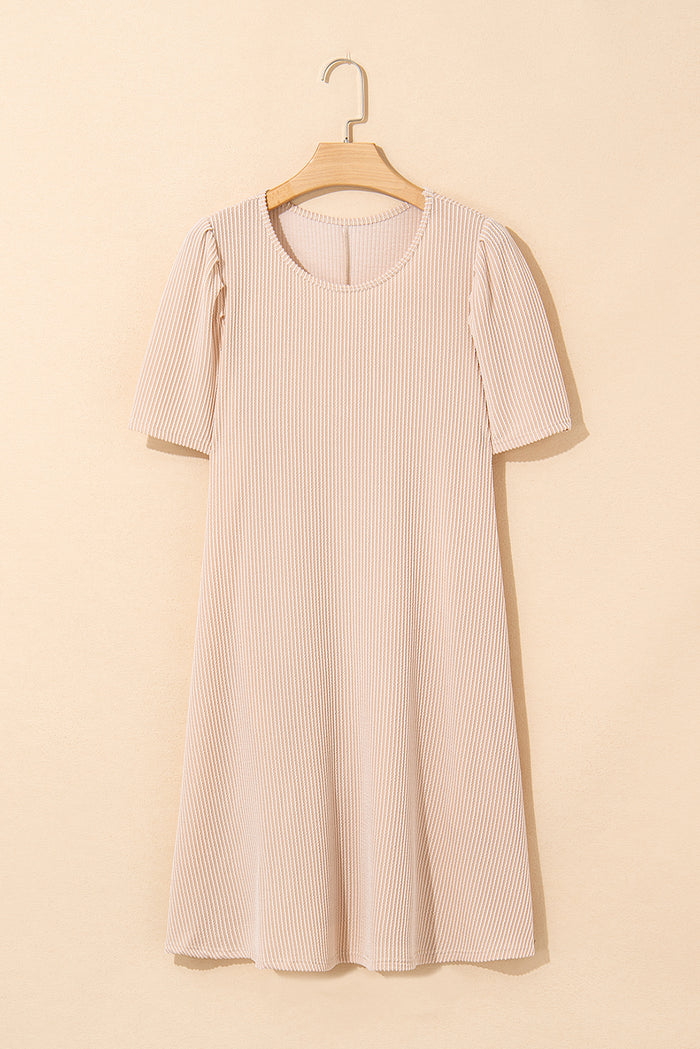 Parchment Corded Knit Crew Neck Puff Sleeve Shift Mini Dress