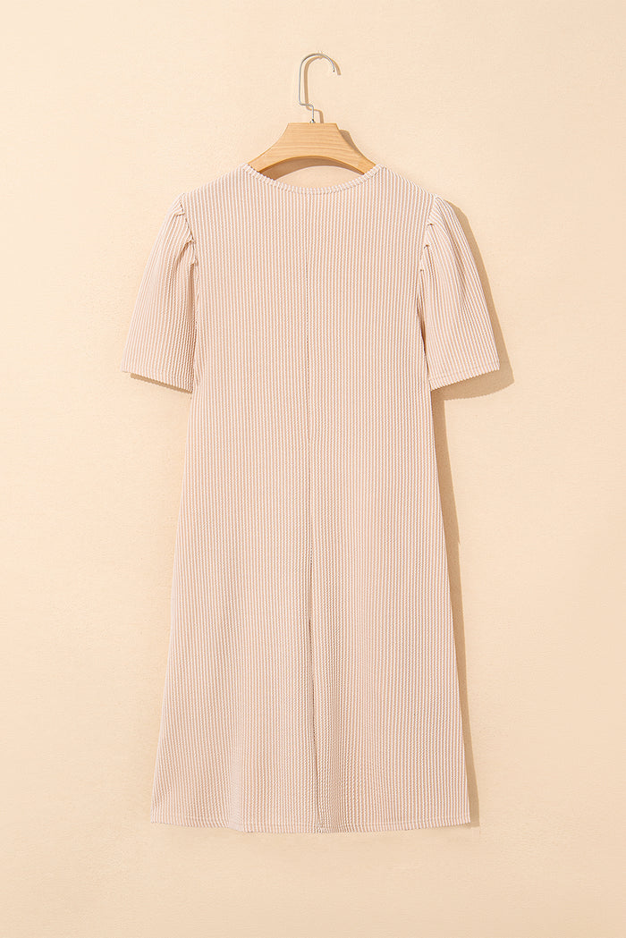 Parchment Corded Knit Crew Neck Puff Sleeve Shift Mini Dress