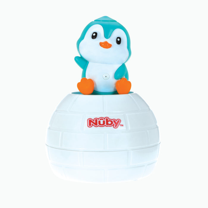 The Penguin Pop-Up Bath Toy by Nuby features a cheerful blue and white penguin on an igloo-shaped base. Its vibrant design is perfect for bath time fun, helping build hand-eye coordination and making learning enjoyable for little ones.