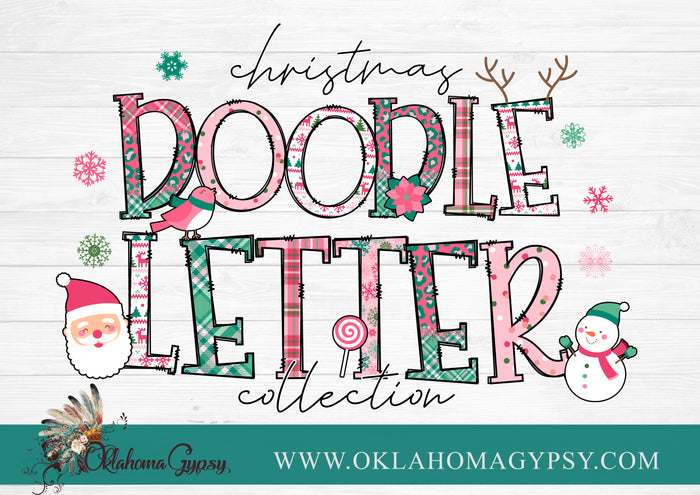 Pink Christmas Clip Art + Doodle Letters, Uppercase Alphabet Set, Pink Retro Santa Digital Files