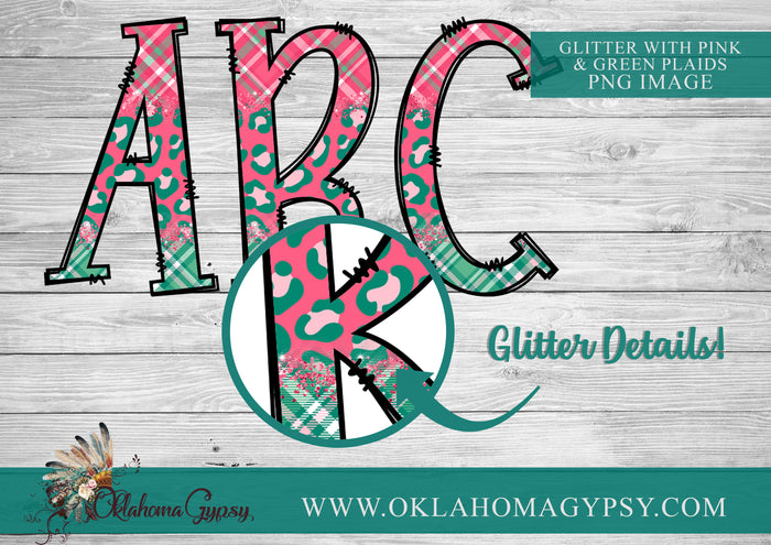 Pink Christmas Clip Art + Doodle Letters, Uppercase Alphabet Set, Pink Retro Santa Digital Files