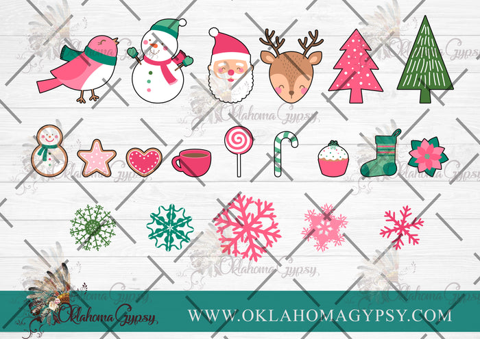 Pink Christmas Clip Art + Doodle Letters, Uppercase Alphabet Set, Pink Retro Santa Digital Files