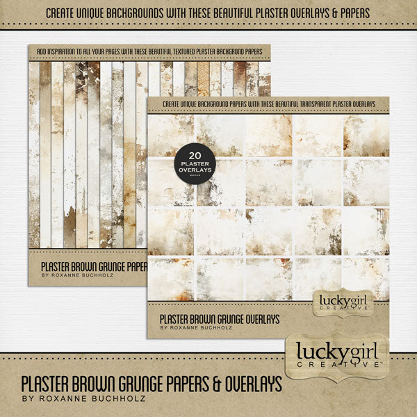 Add beautiful transparent grunge plaster overlays and textured papers by Lucky Girl Creative digital art to all your digital scrapbooking pages! Try layering over different colored digital papers to create a one-of-a-kind look. Great for travel, historic sites, vacations, family history, heritage, genealogy, and more!