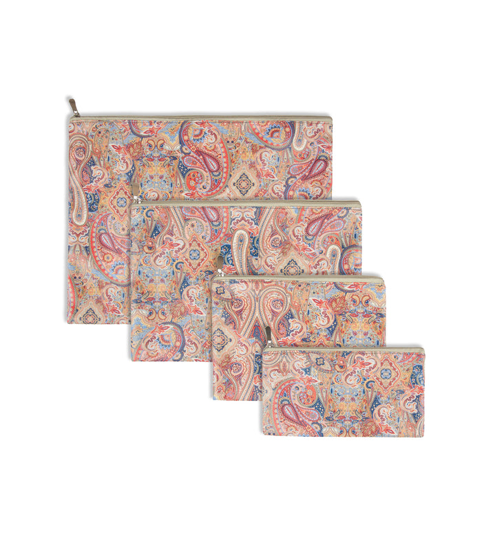 Paisley print leather pouch with zip closure, shown in multiple sizes