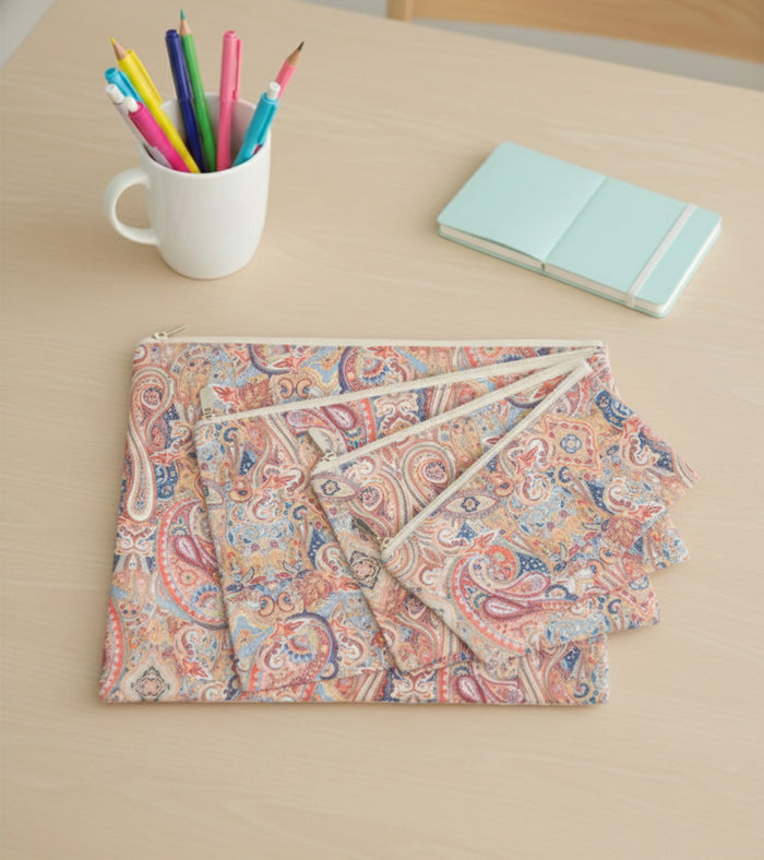 Paisley print leather zip pouch with matching top zipper