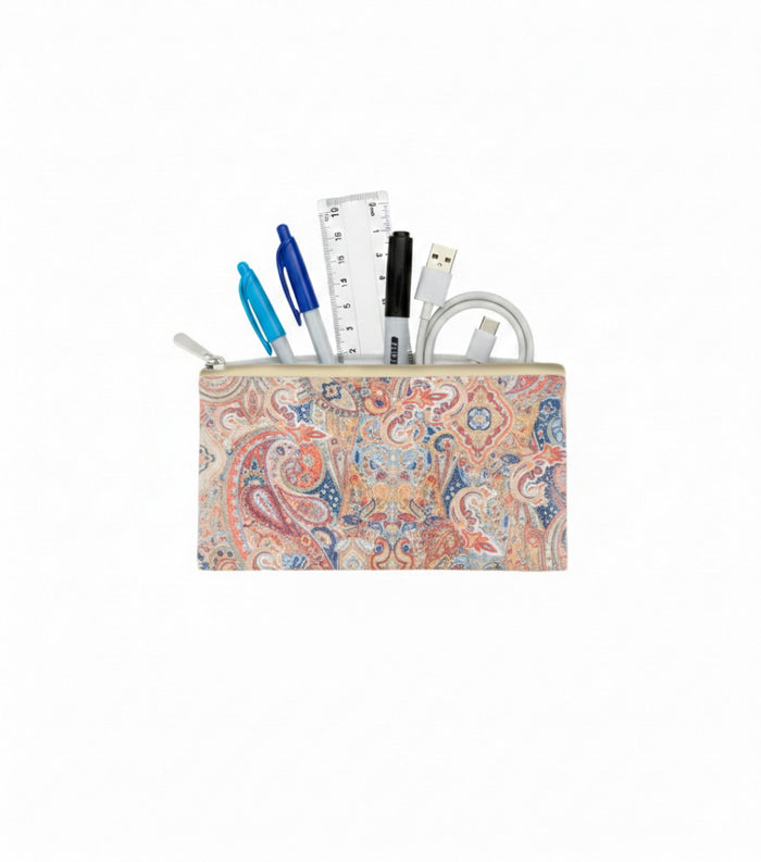 Paisley print leather pouch with top zip closure, front view