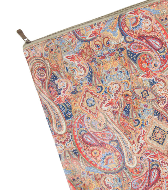 Paisley print leather pouch close-up of top zipper and ornamental pattern