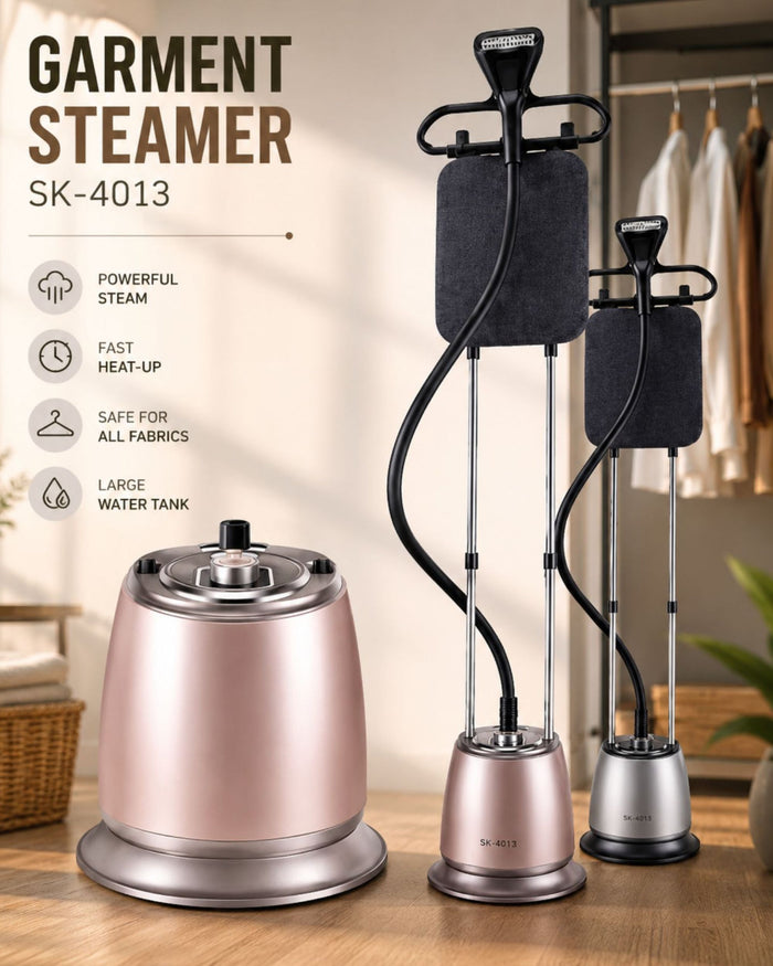 Garment steamer set with pink tank base, tall stand, and black steam pads