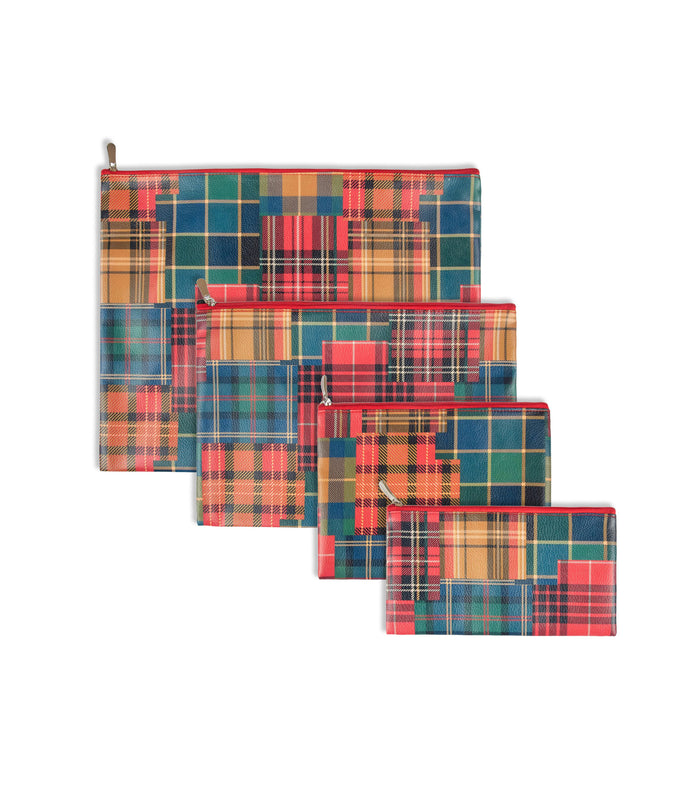 Tartan check fabric pouches set of 4 with zip closures and metal clips