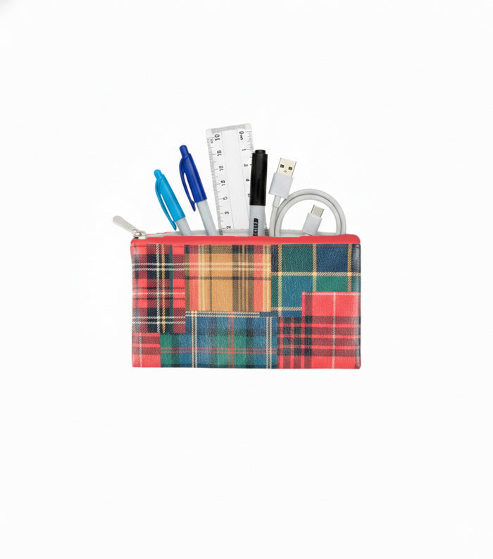 Tartan check zip pouch with stationery pens, pencils, ruler and cable