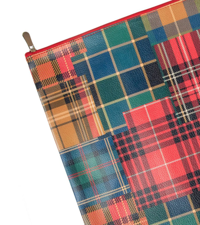 Tartan check zip pouch corner with metal zipper pull