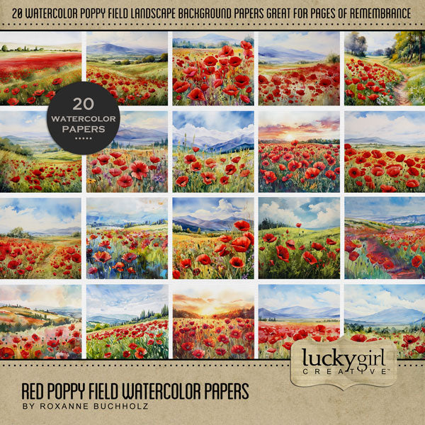 These beautiful watercolor papers by Lucky Girl Creative digital art feature poppy field landscapes. Use for documenting Remembrance Day, Veteran's Day, Independence Day, Memorial Day, Anzac Day, Armed Forces Day, and other tributes to soldiers and military family members. This digital scrapbooking kit is included in the Remembrance Day Watercolor Bundle.
