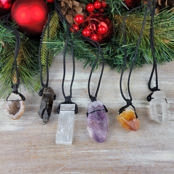 Rough Gemstone Cord Necklace - Adjustable (Amethyst, Black Tourmaline, Citrine, Selenite Chakra)