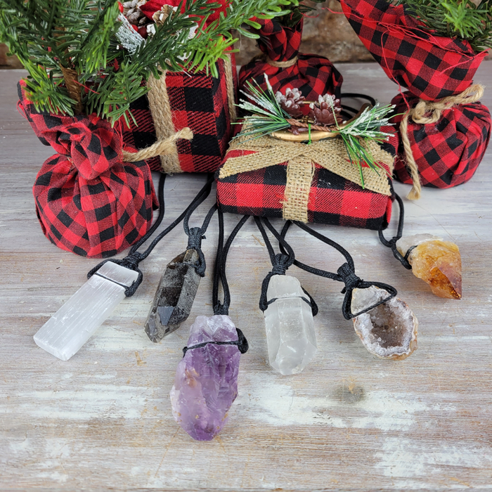 Rough Gemstone Cord Necklace - Adjustable (Amethyst, Black Tourmaline, Citrine, Selenite Chakra)