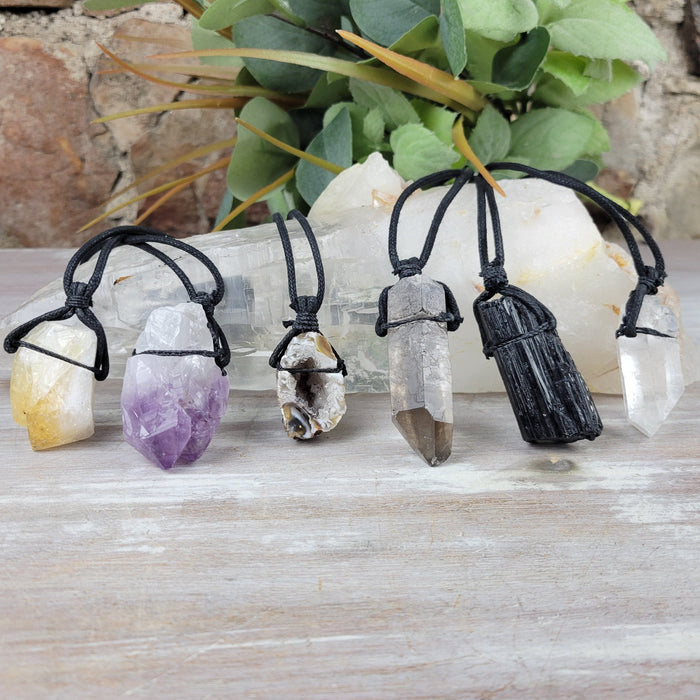 Rough Gemstone Cord Necklace - Adjustable (Amethyst, Black Tourmaline, Citrine, Selenite Chakra)