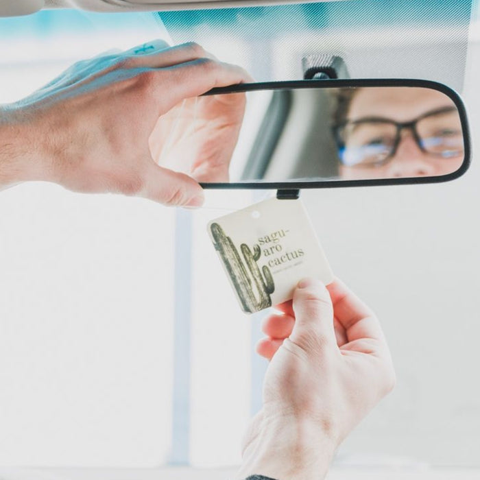 A person attaches a saguaro cactus air freshener to the car rearview mirror.