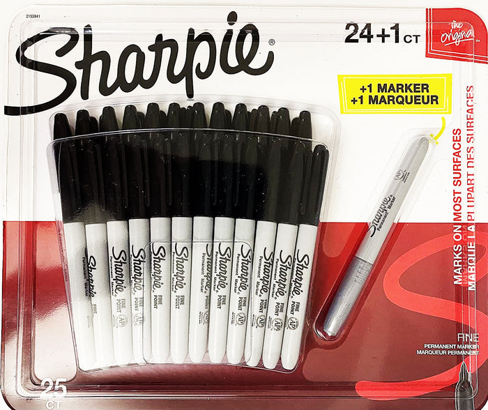 Sharpie Fine Permanent Marker - Marks on most surfaces (24 Black Markers + 1 Metallic Marker)