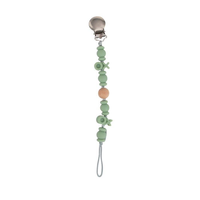 The Silicone and Wood Beaded Pacifier Clip has green silicone and wooden beads, a central wooden bead, a secure metal clasp, and a loop at the end for easy pacifier attachment.